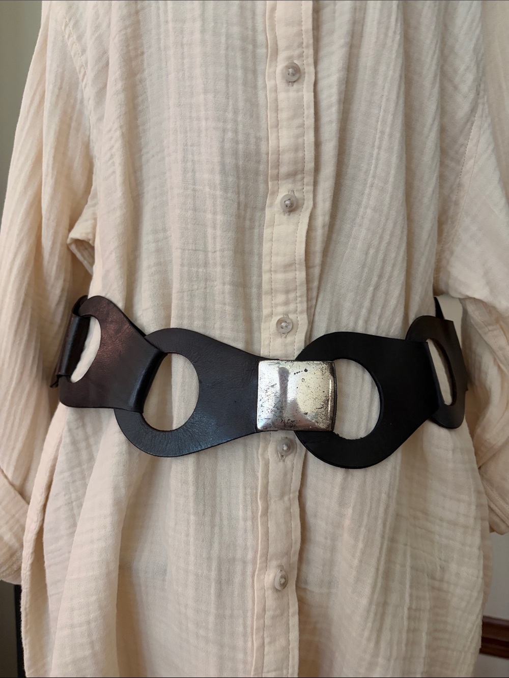 Suzi Roher Vintage Leather Link Statement Belt Silver Hook Buckle Size M 37.5”